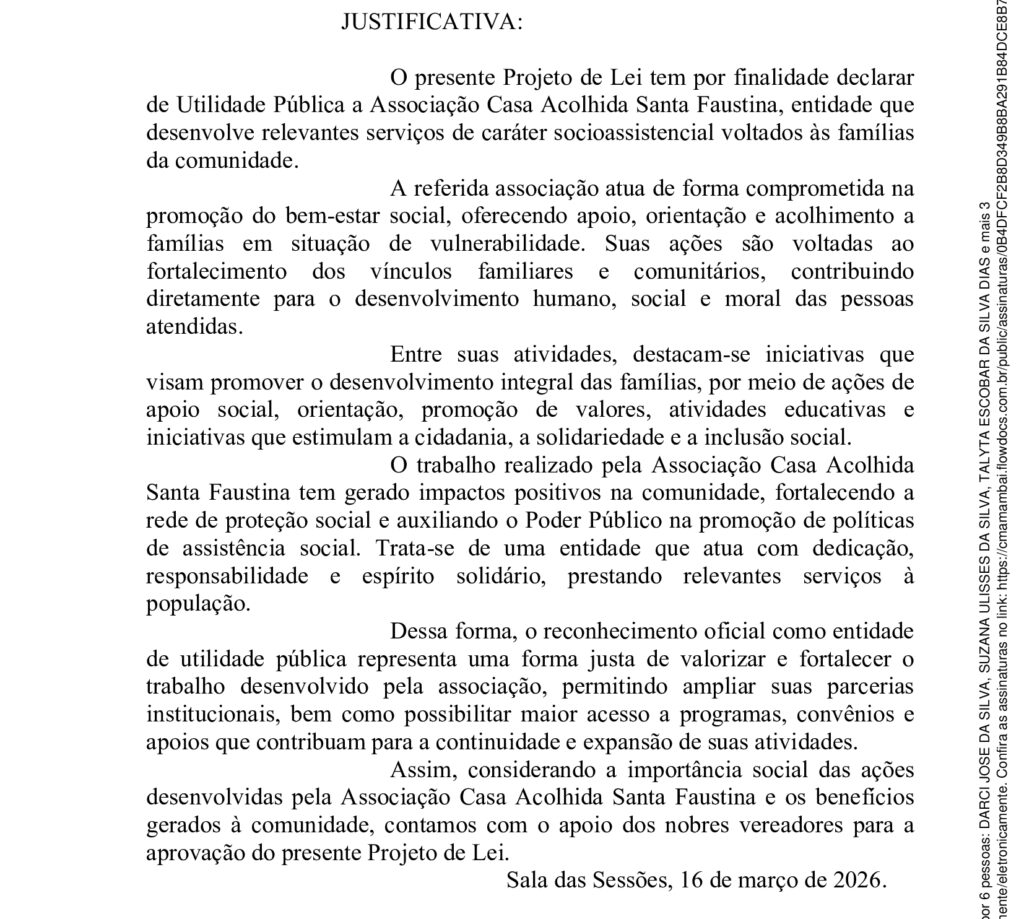 Projeto de Darci torna de utilidade pública Casa da Acolhida Santa Faustina em Amambai