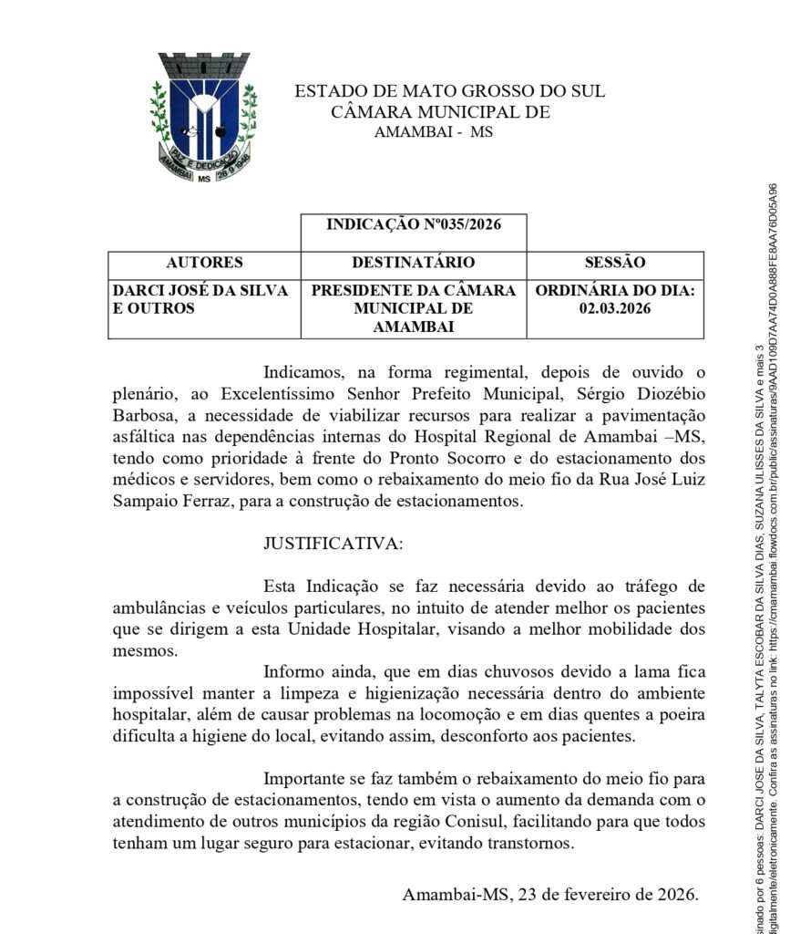 Darci pede asfalto no pátio e melhoria no sistema de estacionamento do Hospital Regional em Amambai