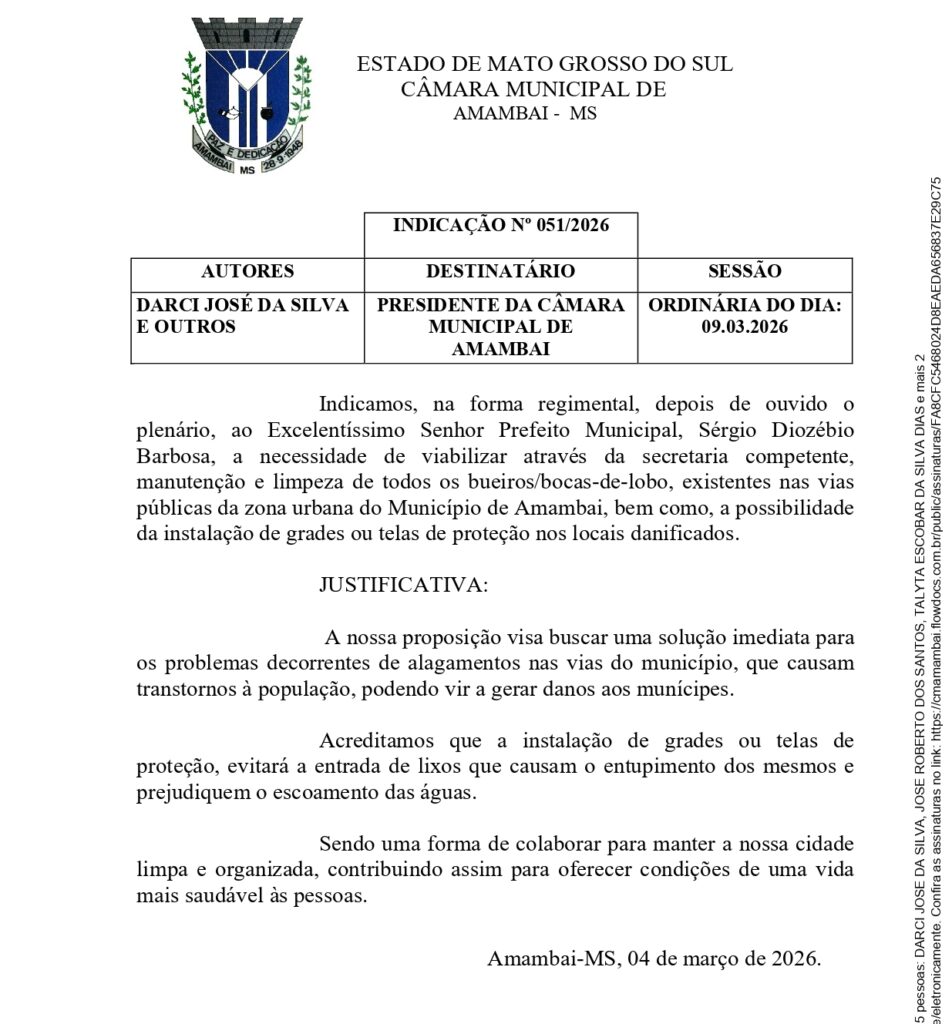 Vereador Darci pede limpeza e reparos em tampas de bueiros em Amambai