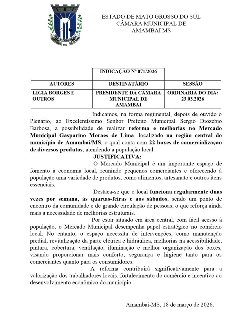 Vereadora Lígia Borges pede reforma do Mercado Municipal em Amambai