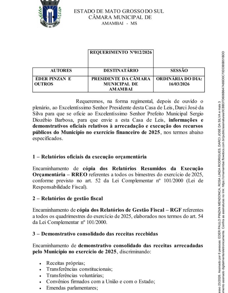 Eder Pinzan pede demonstrativos da arrecadação e execução dos recursos públicos em 2025 em Amambai