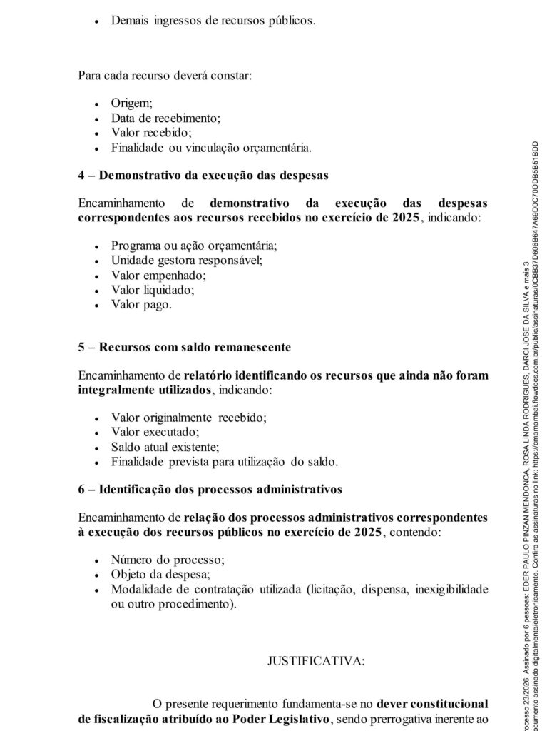 Eder Pinzan pede demonstrativos da arrecadação e execução dos recursos públicos em 2025 em Amambai