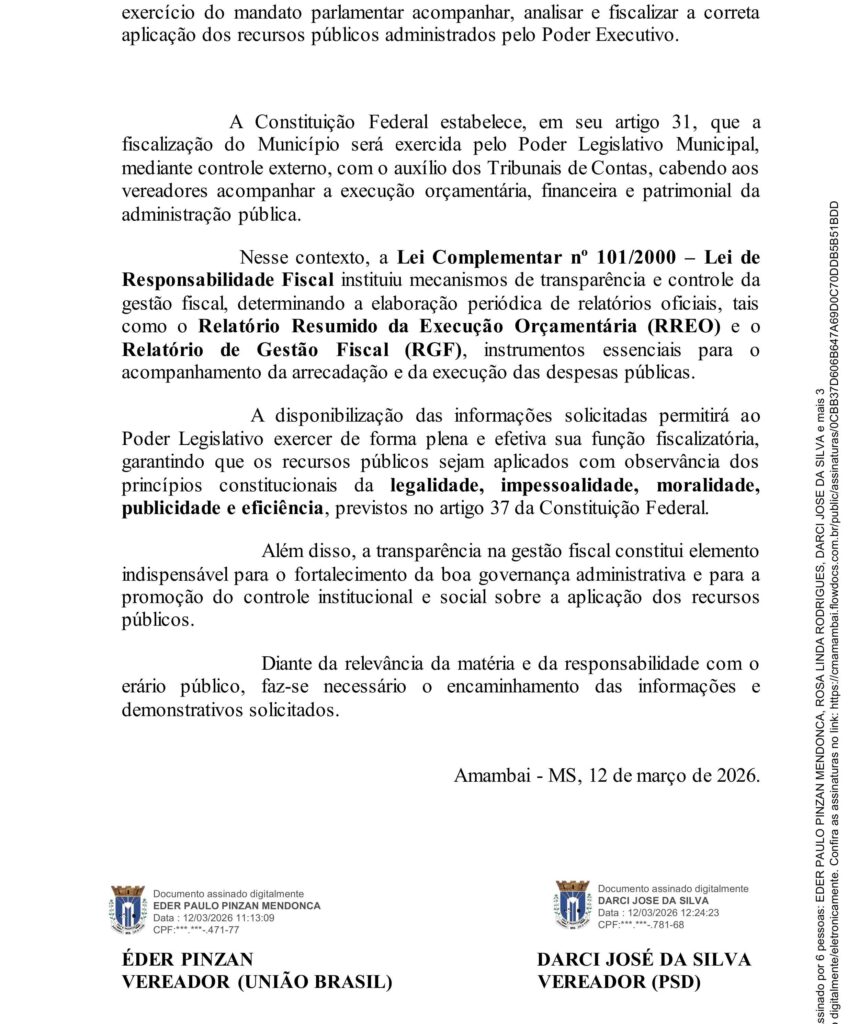 Eder Pinzan pede demonstrativos da arrecadação e execução dos recursos públicos em 2025 em Amambai