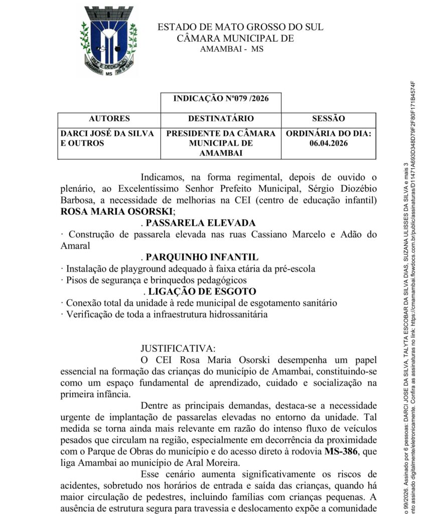 Darci pede reforma e ampliação da Escola Polo João Rodrigues em Amambai