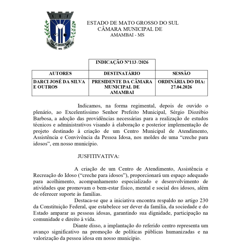 Vereador Darci pede Centro de Atendimento e Assistência da Pessoa Idosa em Amambai