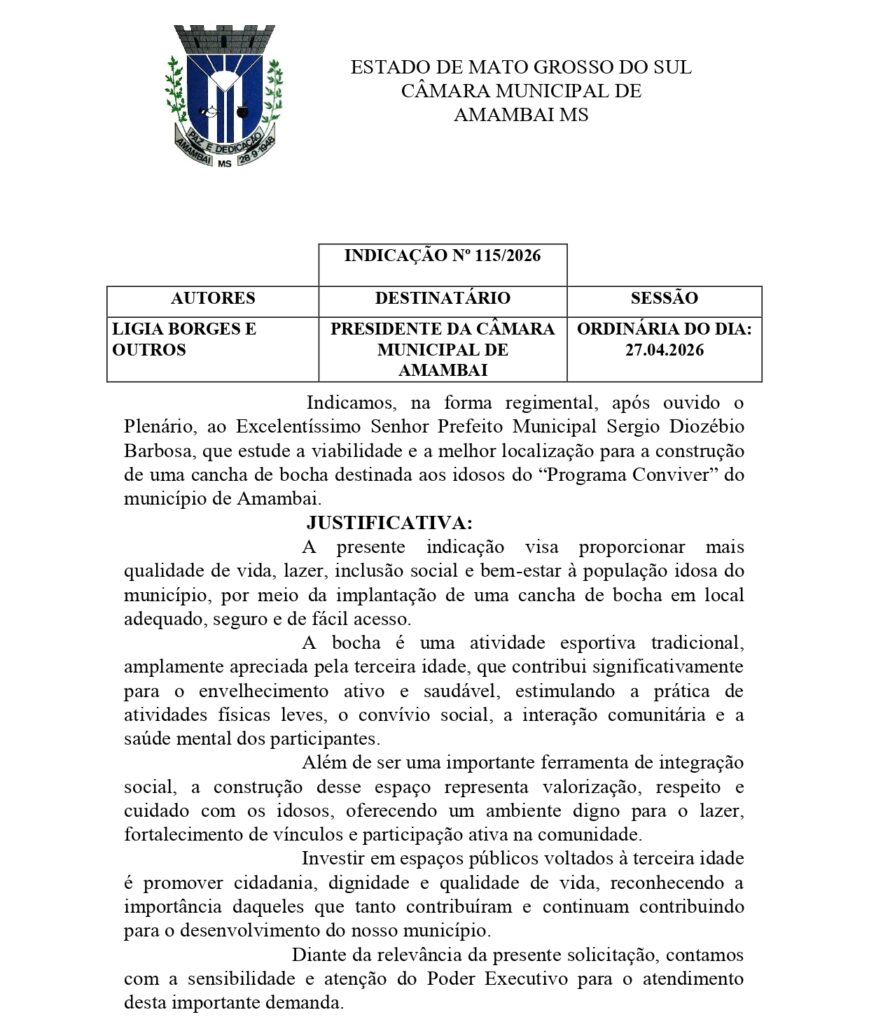 Lígia Borges pede cancha de bocha para idosos do Programa Conviver em Amambai