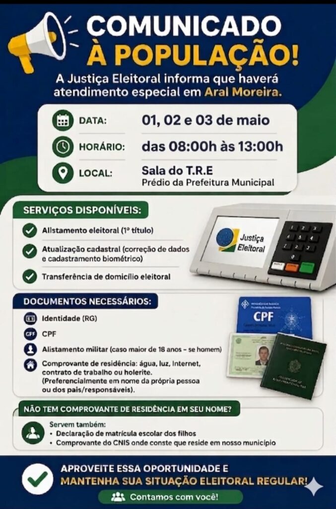 Aral Moreira recebe ação da Justiça Eleitoral com serviços gratuitos à população em maio