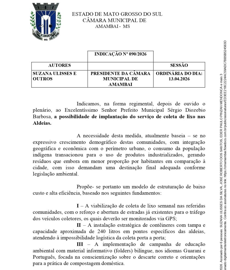 Após ouvir moradores vereadora Suzana pede coleta de lixo nas comunidades indígenas em Amambai