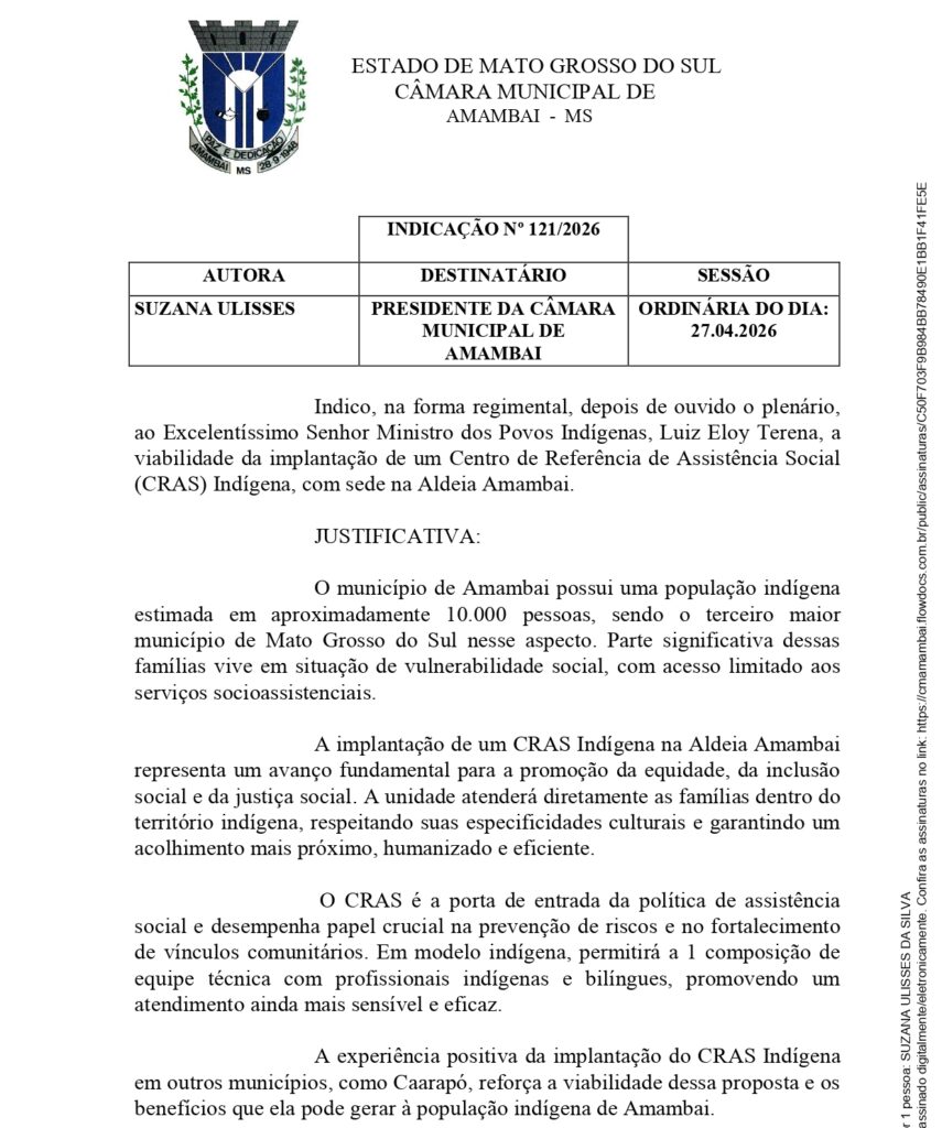 Para melhorar o atendimento à comunidade vereadora Suzana pede CRAS Indígena na Aldeia Amambai Para melhorar o atendimento à comunidade vereadora Suzana pede CRAS Indígena na Aldeia Amambai