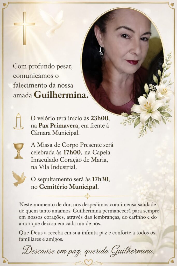Nota de falecimento de Guilhermina de Oliveira Zarate Araújo