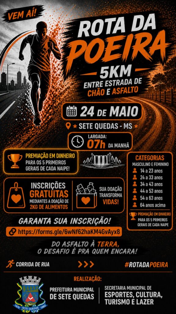 Corrida pedestre Rota da Poeira acontece dia 24 de maio em Sete Quedas