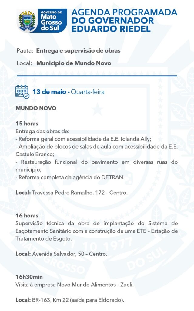 Governador Eduardo Riedel compre agendas em Itaqurai, Mundo Novo e Eldorado nesta quarta-feira