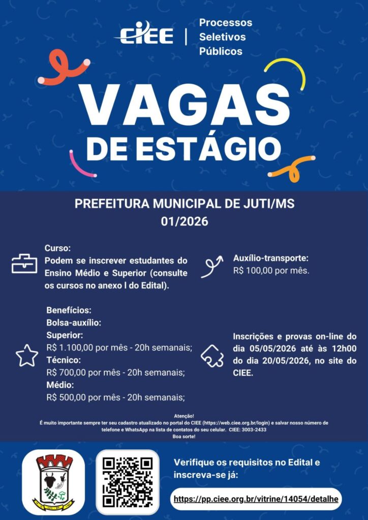 Prefeitura de Juti abre vagas de estágio em parceria com o CIEE