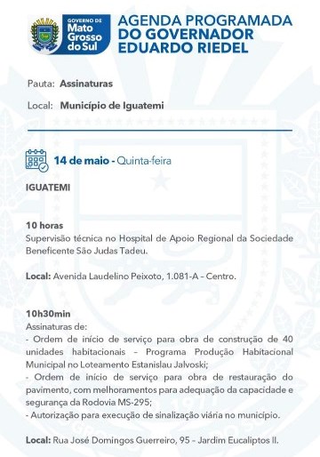 Eduardo Riedel inaugura e lança obras em Japorã, Iguatemi, Tacuru e Sete Quedas nesta quinta-feira
