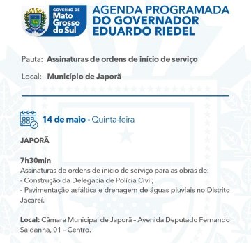 Eduardo Riedel inaugura e lança obras em Japorã, Iguatemi, Tacuru e Sete Quedas nesta quinta-feira
