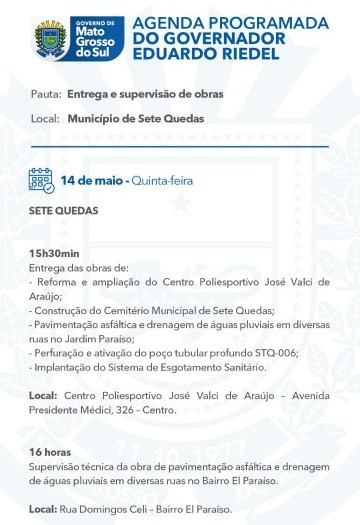 Eduardo Riedel inaugura e lança obras em Japorã, Iguatemi, Tacuru e Sete Quedas nesta quinta-feira