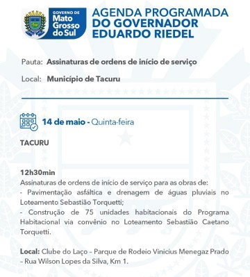 Eduardo Riedel inaugura e lança obras em Japorã, Iguatemi, Tacuru e Sete Quedas nesta quinta-feira