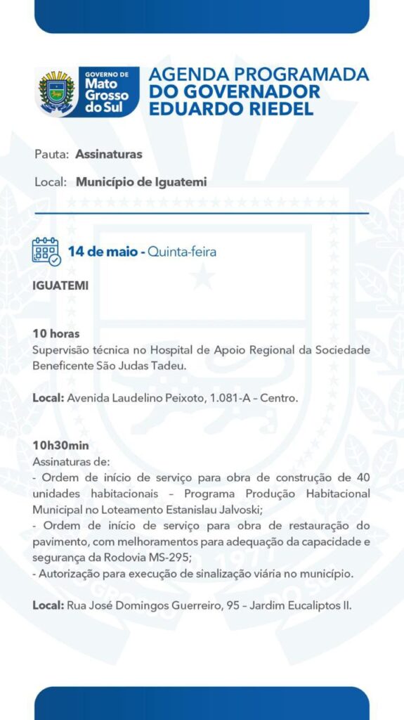 Iguatemi recebe visita do governador Eduardo Riedel nesta quinta-feira (14)