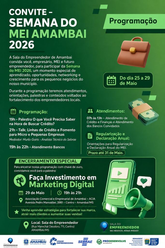Semana do MEI 2026 será realizada em Amambai com palestras, orientações e incentivo ao empreendedorismo