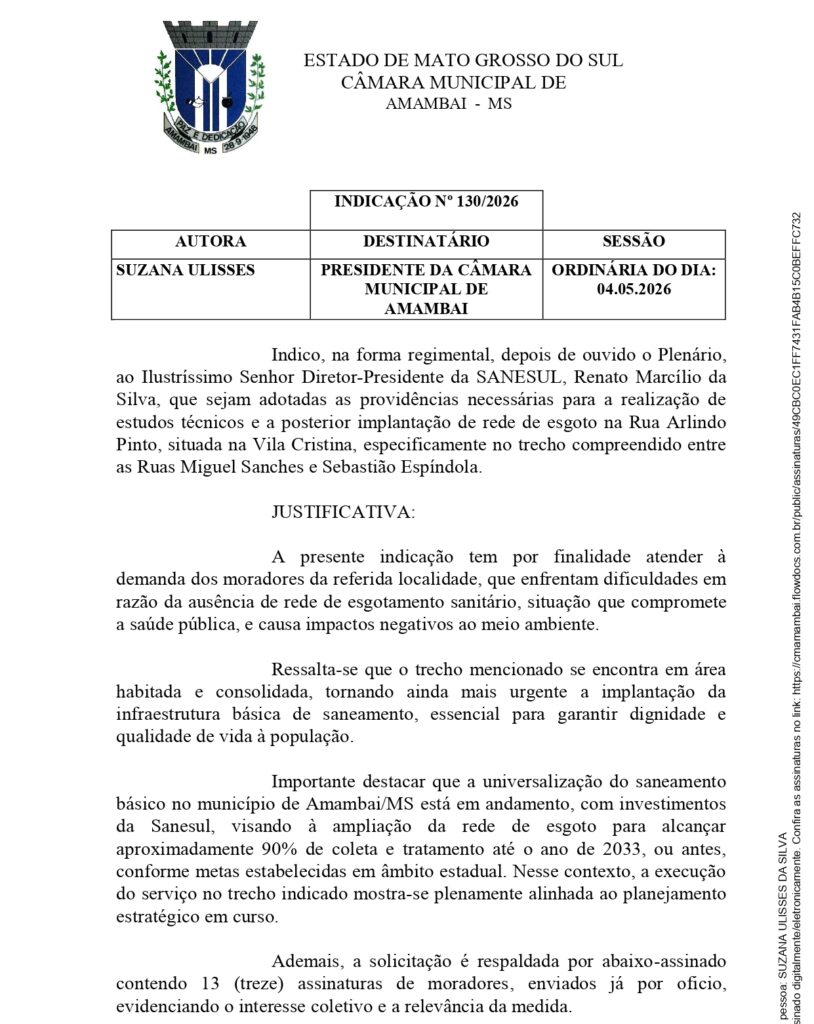 Suzana Ulisses pede implantação de rede de esgoto em ponto estratégico na Vila Cristina em Amambai