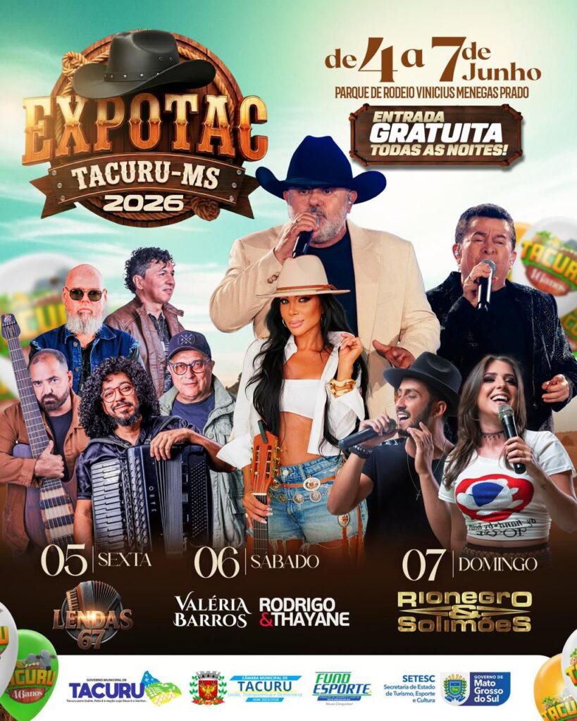 Com show de Rio Negro & Solimões, laço, rodeio e Prova dos Três Tambores Expotac 2026 acontece desta quinta a domingo em Tacuru Com show de Rio Negro & Solimões, laço, rodeio e Prova dos Três Tambores Expotac 2026 acontece desta quinta a domingo em Tacuru