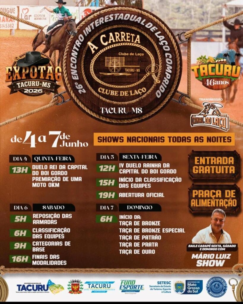 Com show de Rio Negro & Solimões, laço, rodeio e Prova dos Três Tambores Expotac 2026 acontece desta quinta a domingo em Tacuru Com show de Rio Negro & Solimões, laço, rodeio e Prova dos Três Tambores Expotac 2026 acontece desta quinta a domingo em Tacuru