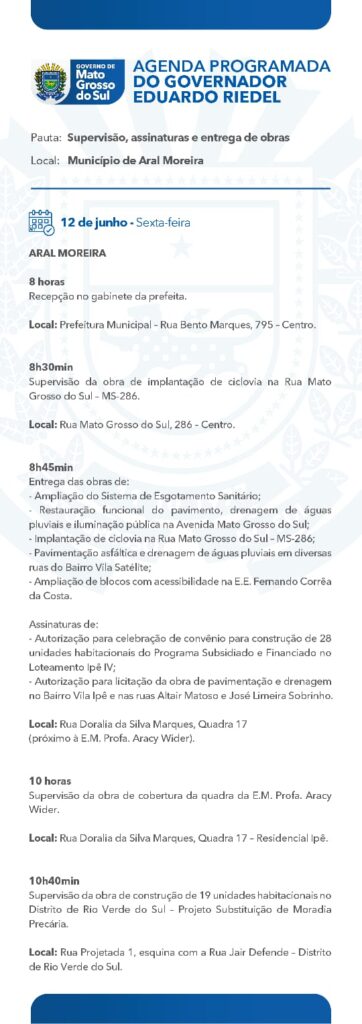 Prefeita Dra. Elaine Soligo recebe governador Eduardo Riedel para entrega obras nesta sexta em Aral Moreira Prefeita Dra. Elaine Soligo recebe governador Eduardo Riedel para entrega obras nesta sexta em Aral Moreira