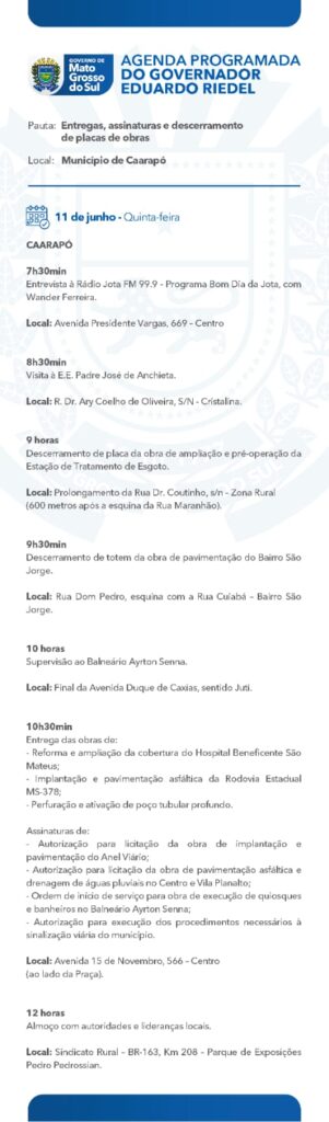 Ao lado da prefeita Lurdes, governador Eduardo Riedel entrega obras nesta quinta em Caarapó
