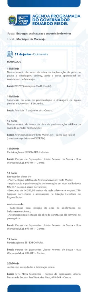 Ao lado da prefeita Lurdes, governador Eduardo Riedel entrega obras nesta quinta em Caarapó
