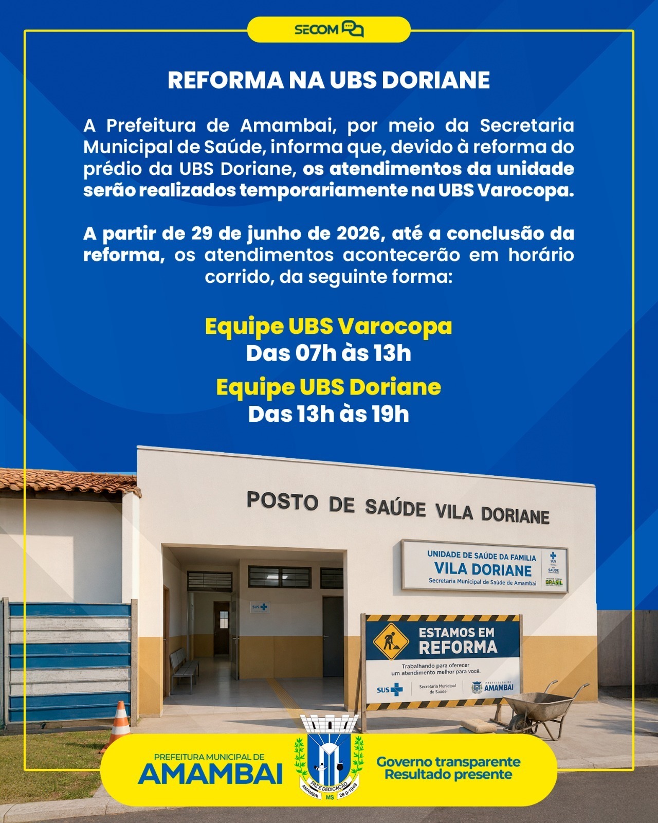 Amambai: Reforma na UBS Doriane altera temporariamente atendimentos para a UBS Varocopa