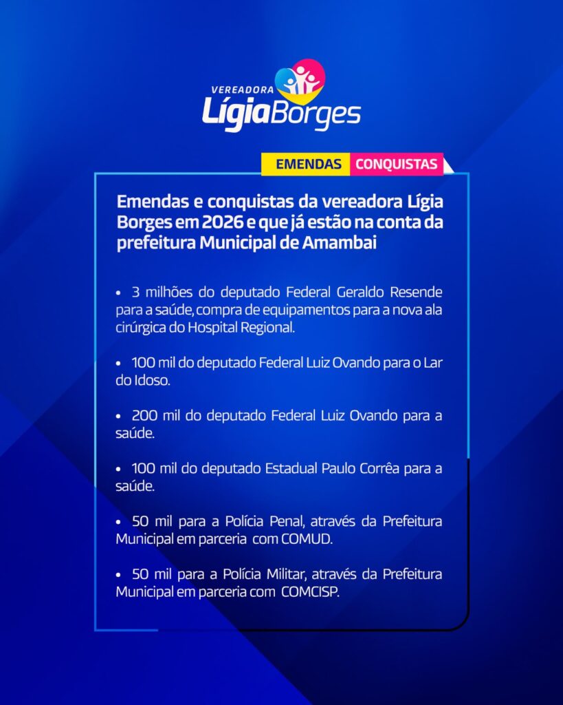 Lígia Borges destaca recursos conquistados pelo seu mandato em prol a população amambaiense em 2026 Lígia Borges destaca recursos conquistados pelo seu mandato em prol a população amambaiense em 2026