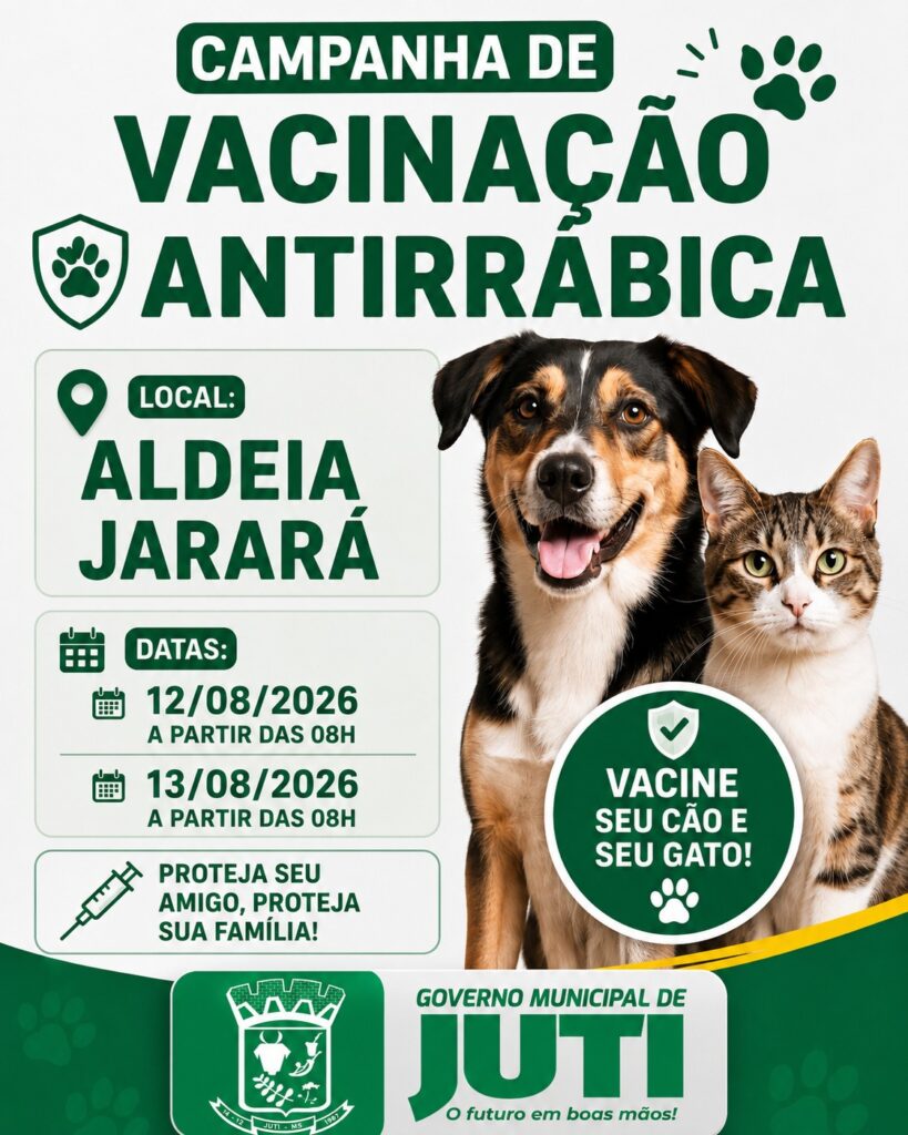 Prefeitura de Juti divulga cronograma da campanha de vacinação antirrábica para cães e gatos Prefeitura de Juti divulga cronograma da campanha de vacinação antirrábica para cães e gatos