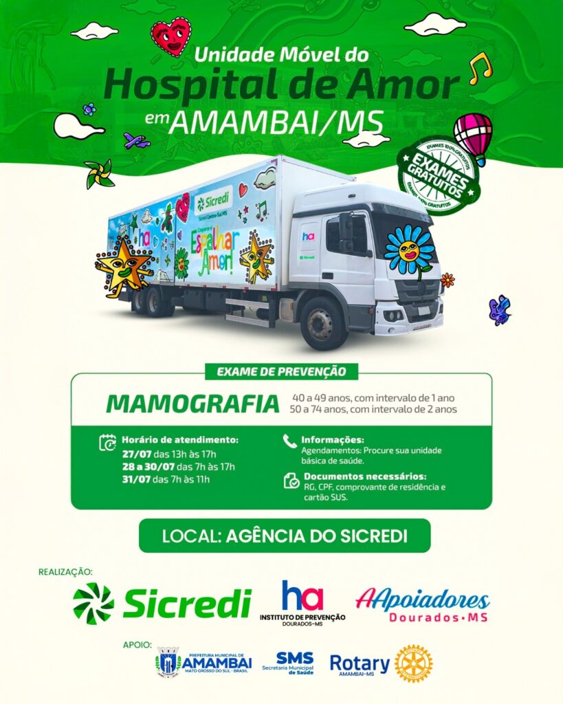 Unidade Móvel do Hospital de Amor realizará exames gratuitos de mamografia em Amambai Unidade Móvel do Hospital de Amor realizará exames gratuitos de mamografia em Amambai