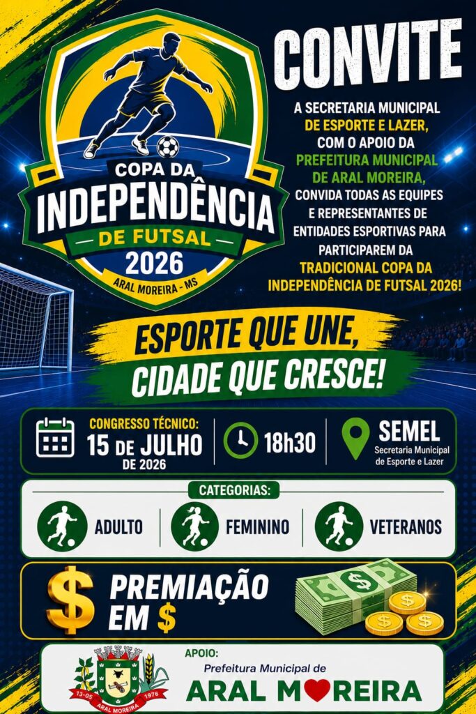 Aral Moreira realiza congresso técnico da Copa da Independência de Futsal 2026 no dia 15 de julho Aral Moreira realiza congresso técnico da Copa da Independência de Futsal 2026 no dia 15 de julho