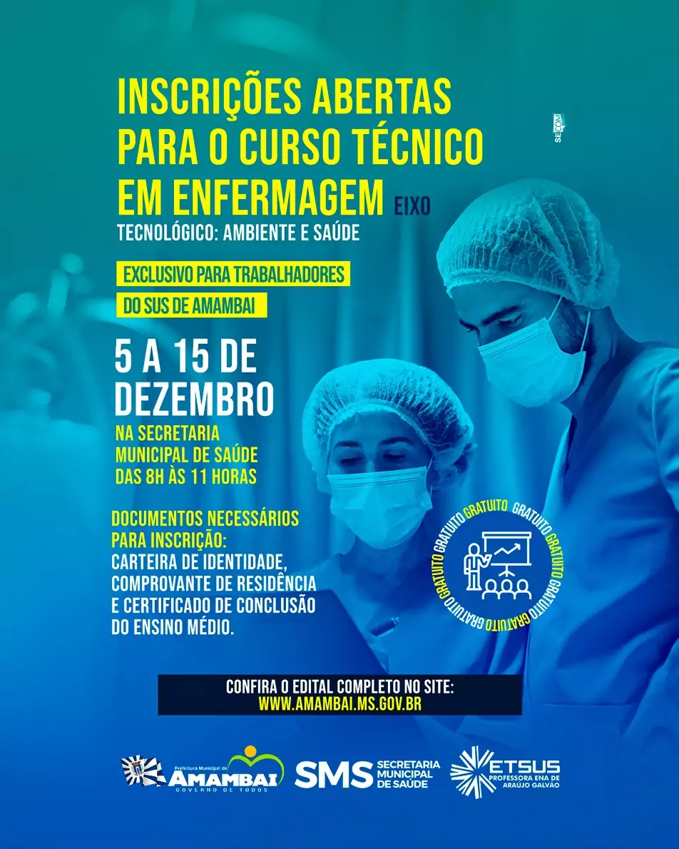 Prefeitura de Amambai abre inscrições para Curso de Formação Técnico em Enfermagem gratuito