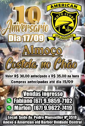 Moto Clube American Sem Fronteira celebra 10 anos de existência com almoço especial em Amambai