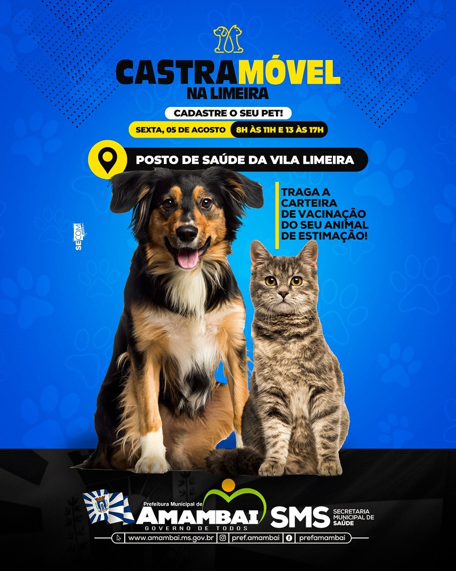 Cadastramento de animais de estimação para castração gratuita será realizada no Posto da Vila Limeira