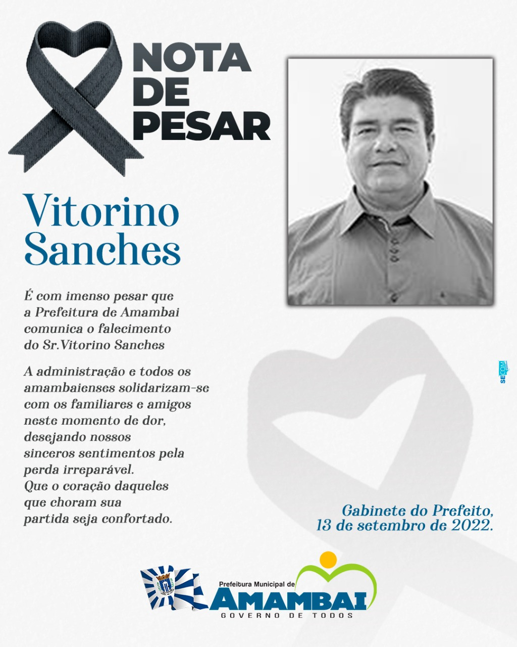 Prefeitura de Amambai emite nota de pesar pelo falecimento de Vitorino Sanches