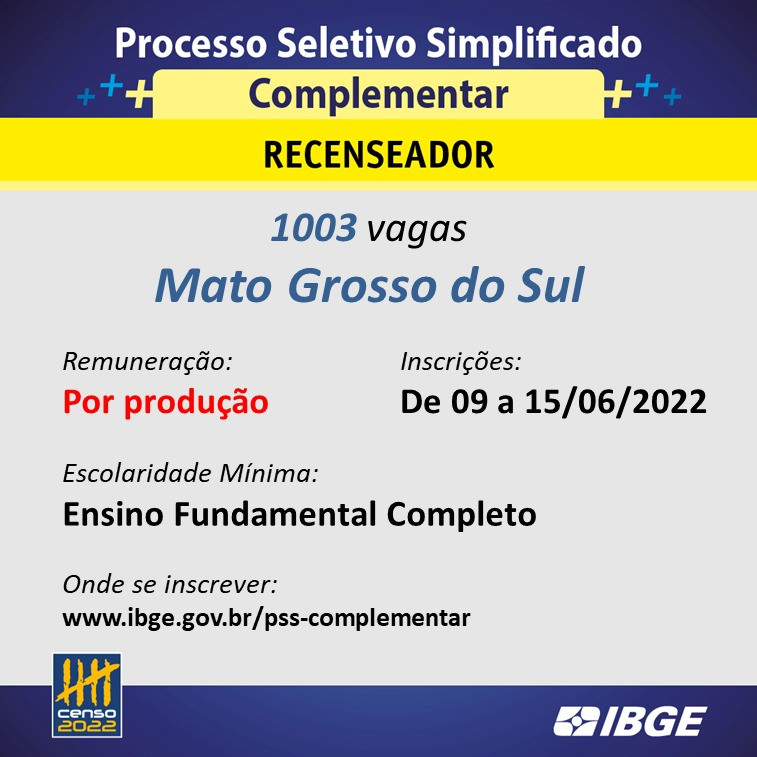 IBGE abre seletivo complementar para preencher 20 vagas em Amambai