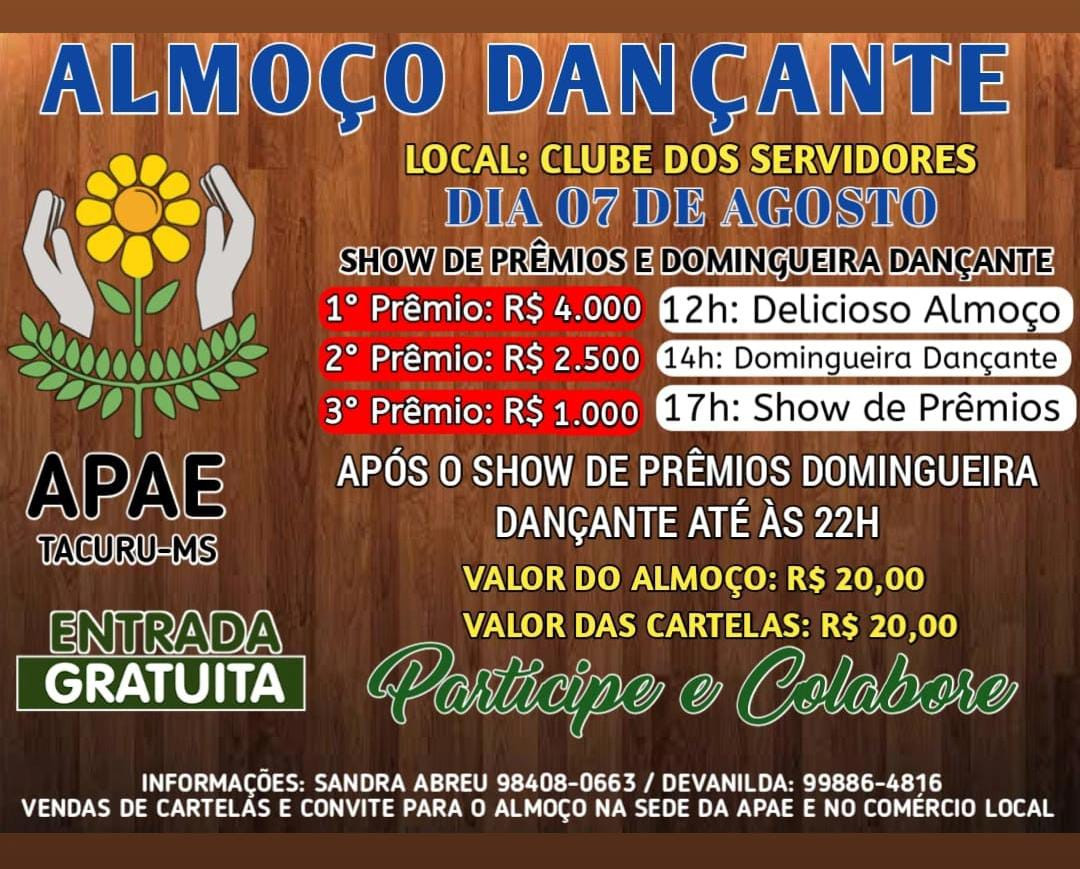 APAE de Tacuru realiza evento beneficente com almoço, dança e prêmios neste domingo