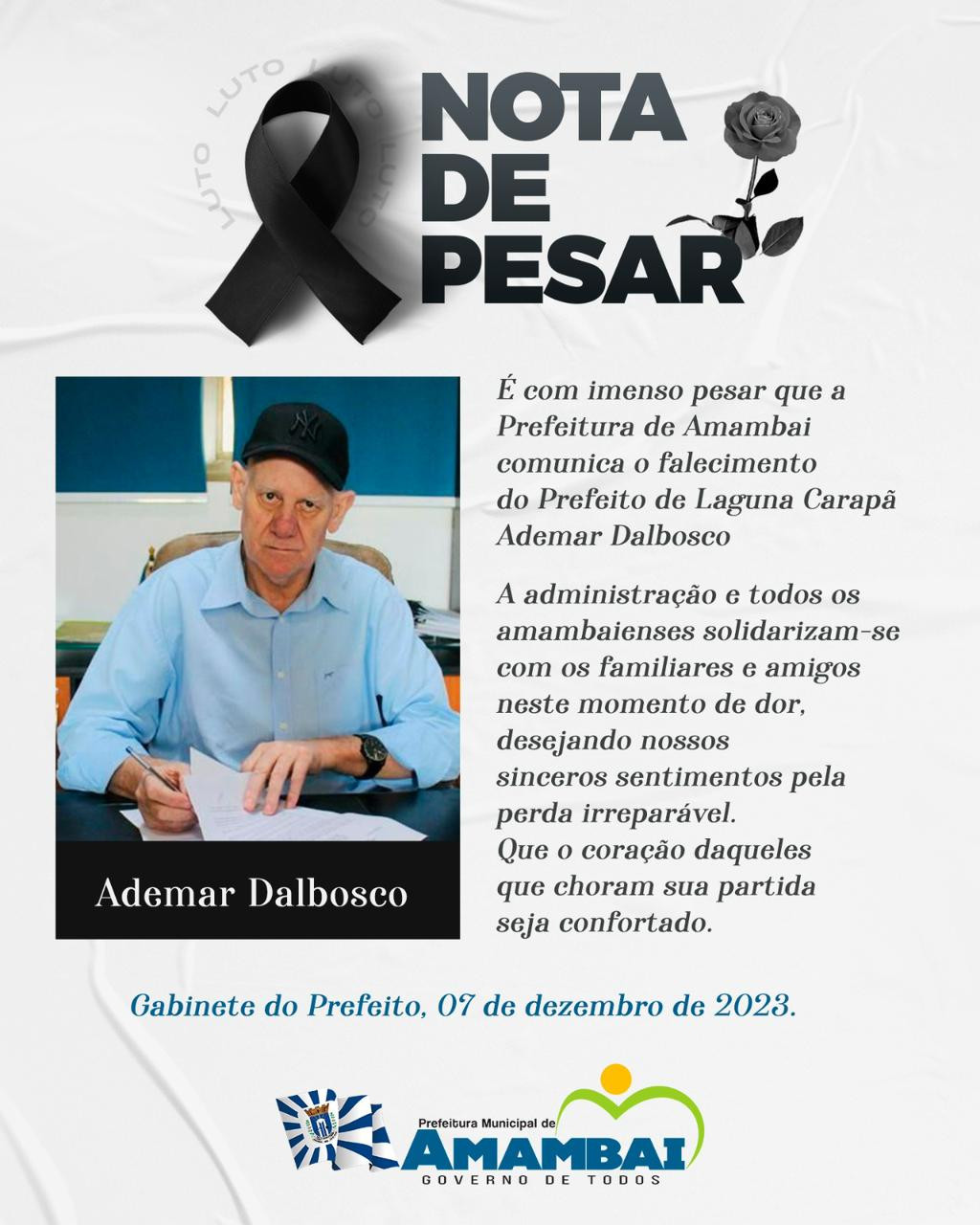 Prefeitura de Amambai emite nota de pesar pelo falecimento do prefeito de Laguna Carapã, Ademar Dalbosco