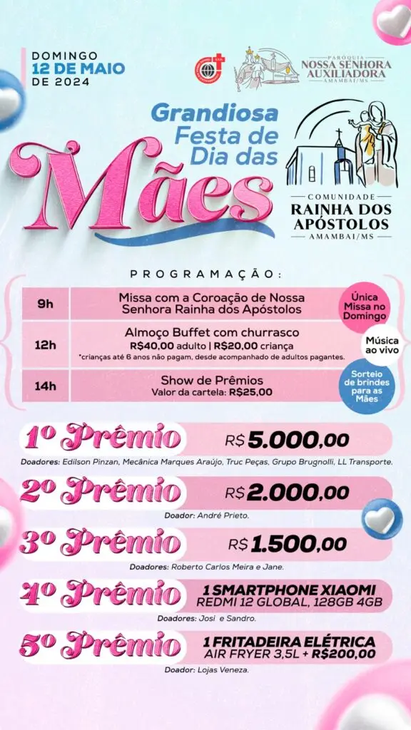 Comunidade Rainha dos Apóstolos realiza Festa de Dia das Mães em 12 de maio Comunidade Rainha dos Apóstolos realiza Festa de Dia das Mães em 12 de maio