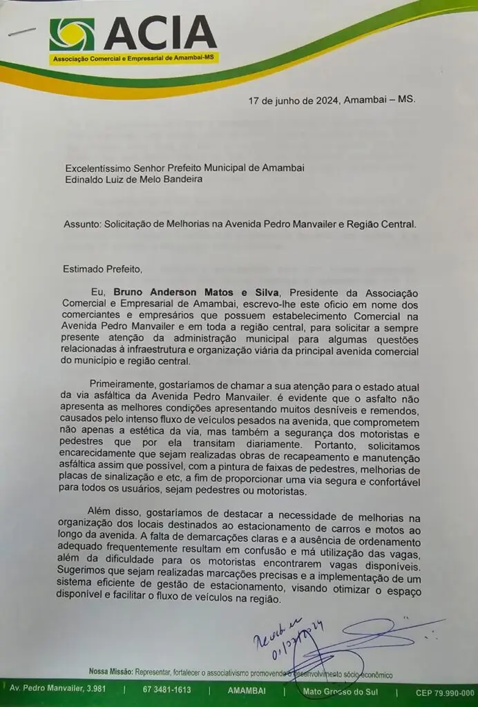 Bruno Anderson solicita ao prefeito Dr. Bandeira melhorias na Avenida Pedro Manvailer e região central de Amambai Bruno Anderson solicita ao prefeito Dr. Bandeira melhorias na Avenida Pedro Manvailer e região central de Amambai