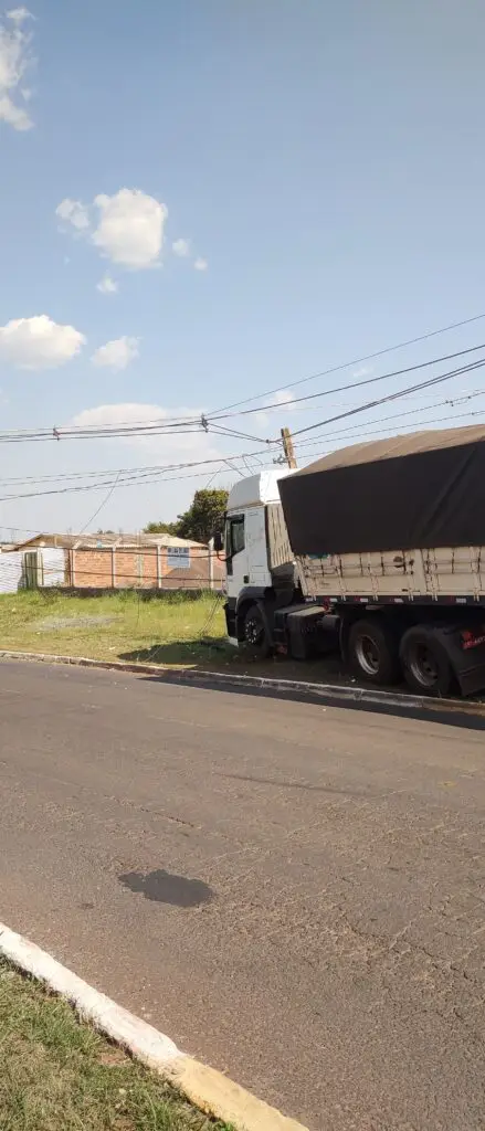 Caminhão sem freios colide com postes e interdita avenida em Amambai Caminhão sem freios colide com postes e interdita avenida em Amambai