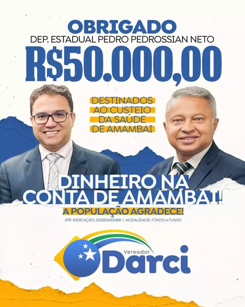 Darci e Sabão agradecem deputado Pedrossian Neto pela destinação de recursos para a saúde de Amambai Darci e Sabão agradecem deputado Pedrossian Neto pela destinação de recursos para a saúde de Amambai