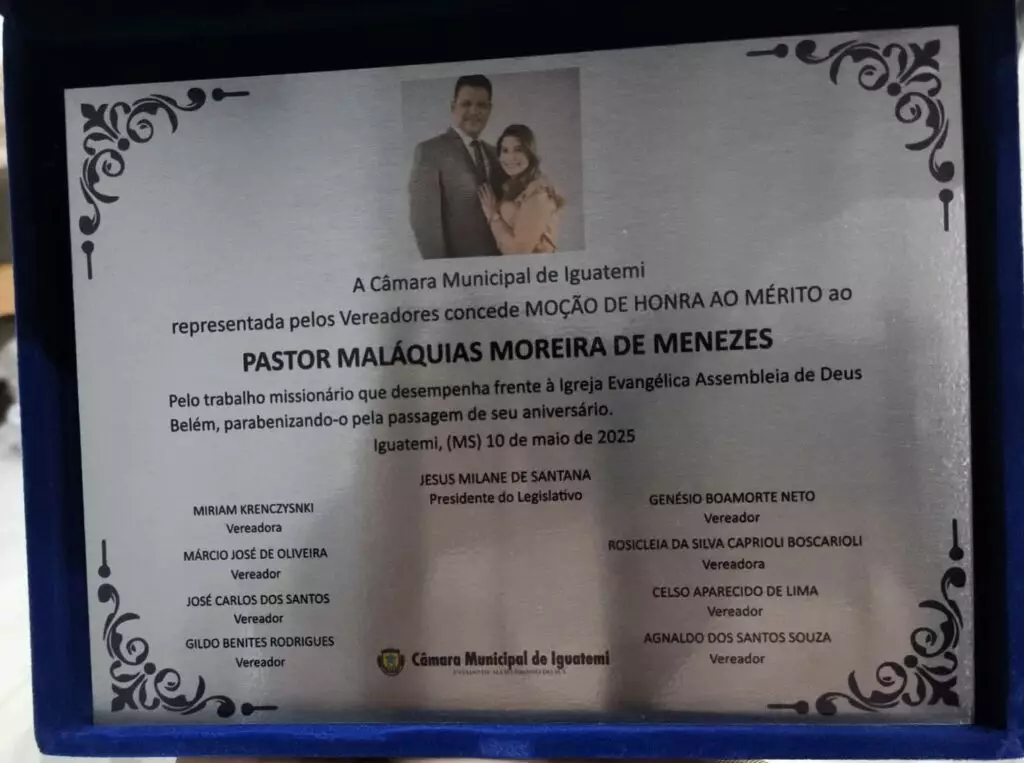 Câmara de Iguatemi homenageia pastor Malaquias Menezes com Moção de Honra ao Mérito