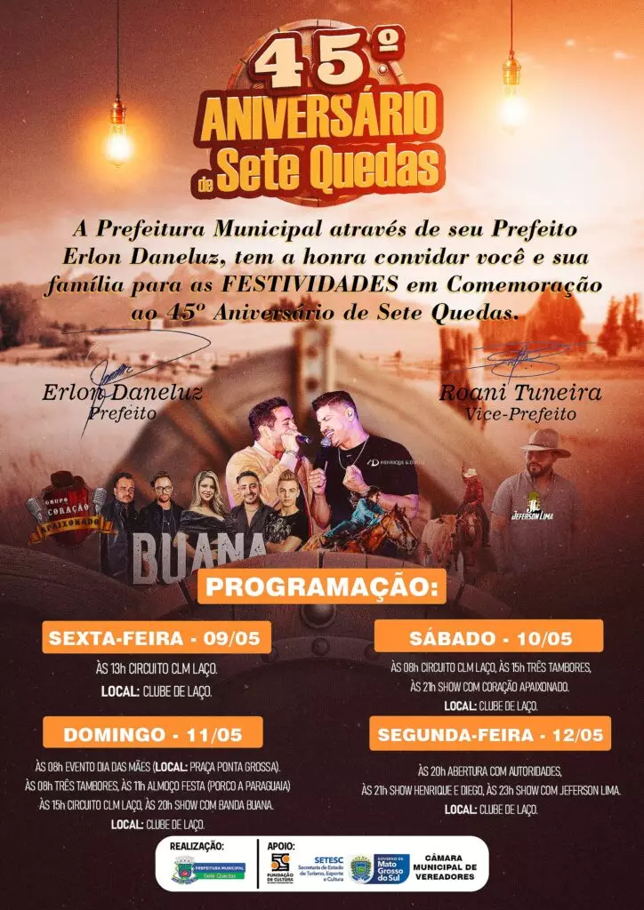 Prefeitura segue com programação festiva para celebrar o 45º aniversário de Sete Quedas Prefeitura segue com programação festiva para celebrar o 45º aniversário de Sete Quedas