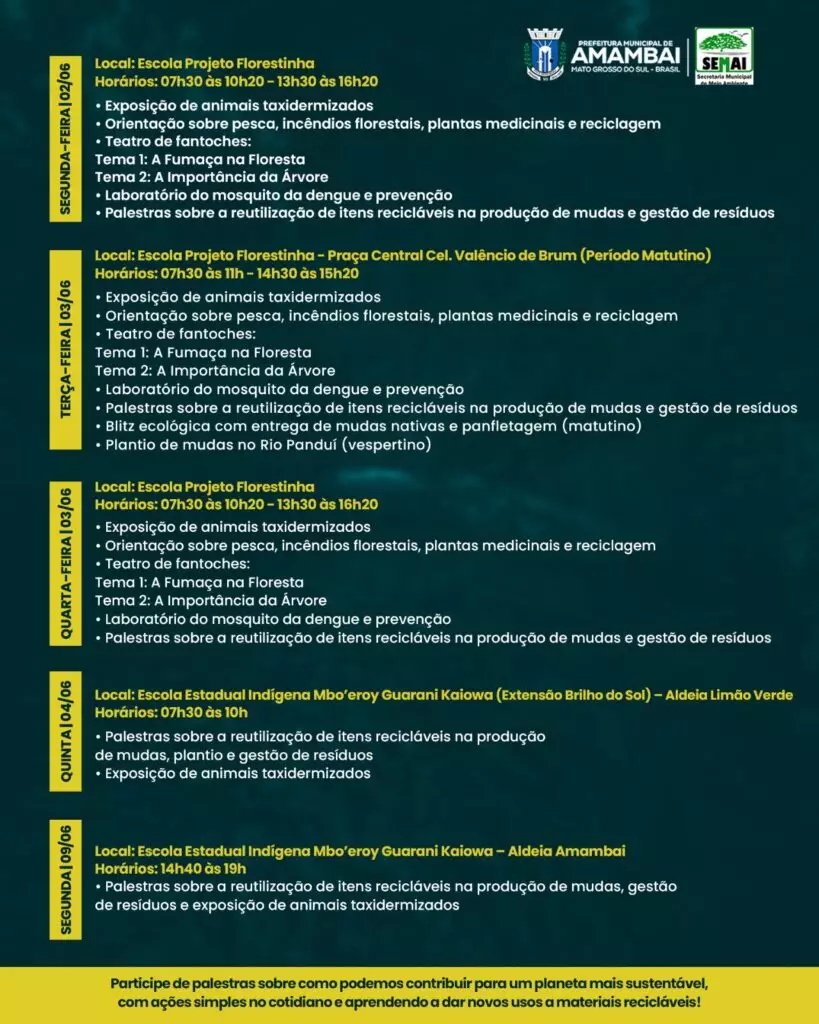 Amambai realiza Semana do Meio Ambiente com programação educativa nas escolas, praças e aldeias Amambai realiza Semana do Meio Ambiente com programação educativa nas escolas, praças e aldeias