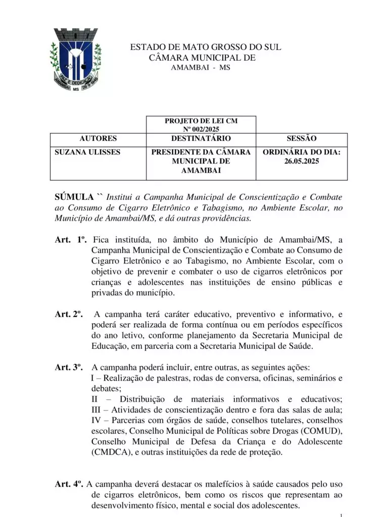 Projeto de Suzana Ulisses institui campanha para combater cigarro eletrônico e tabagismo nas escolas em Amambai Projeto de Suzana Ulisses institui campanha para combater cigarro eletrônico e tabagismo nas escolas em Amambai