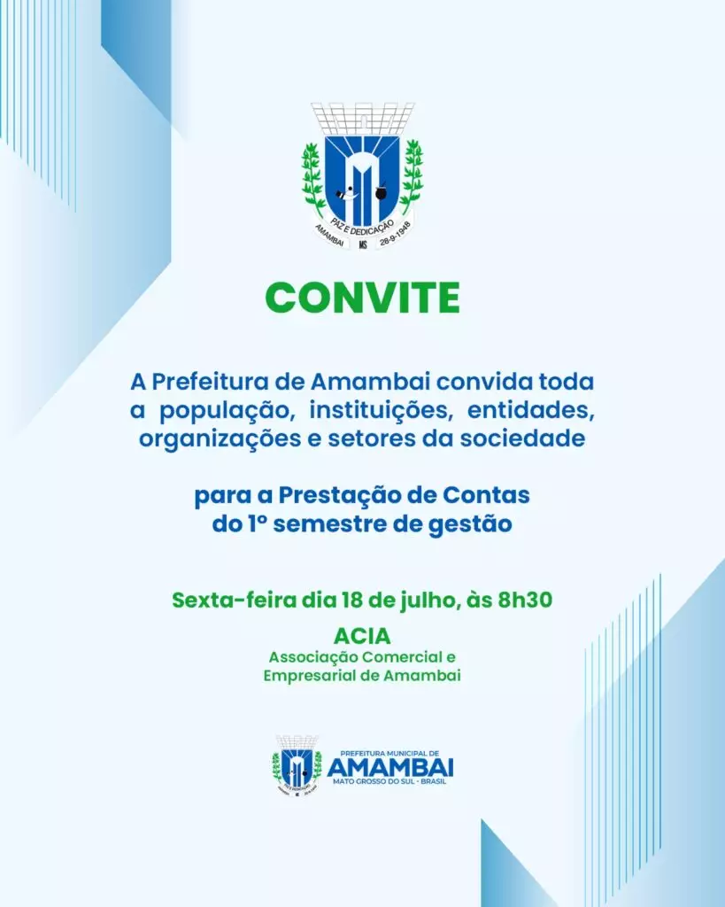 Prefeitura de Amambai realiza prestação de contas do 1º semestre nesta sexta-feira (18) Prefeitura de Amambai realiza prestação de contas do 1º semestre nesta sexta-feira (18)